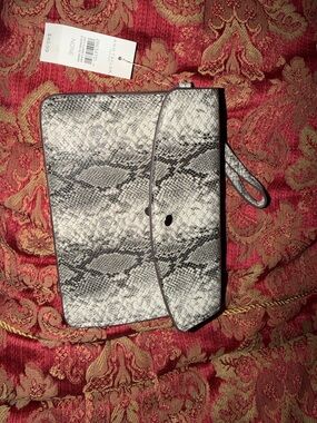 Ann Taylor Snake-Embossed Wristlet Clutch in Gray and Black